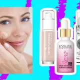 Kobieta testuje podkład, obok trzy produkty: jaka baza pod makijaż nawilżająca, serum Eveline i baza Bielenda.