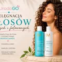 Kobieta z pięknymi, falowanymi włosami i kosmetykami Moroccanoil. Dowiedz się, jak dbać o falowane włosy, by podkreślić skręt i dodać blasku.