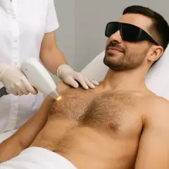 Mężczyzna w okularach ochronnych przechodzi zabieg depilacji laserowej klatki piersiowej. Specjalistka w rękawiczkach trzyma urządzenie emitujące światło.