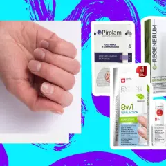 Dłoń z osłabionymi paznokciami obok produktów do ich regeneracji, w tym odżywki Eveline 8w1 i Regenerum.