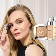 Modelka prezentuje podkład L'Oréal True Match, pokazując, jak dobrać odcień. W tle kosmetyki z tej serii.