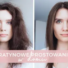 Przed i po zabiegu keratyna na włosy. Włosy zniszczone i puszące się po lewej, wygładzone i lśniące po prawej.