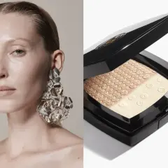 Modelka z ekstrawaganckimi kolczykami i rozświetlacz Chanel. Idealne miejsca, gdzie nakładać rozświetlacz, by podkreślić kości policzkowe.