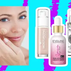 Kobieta testuje podkład, obok trzy produkty: jaka baza pod makijaż nawilżająca, serum Eveline i baza Bielenda.