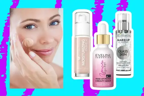 Kobieta testuje podkład, obok trzy produkty: jaka baza pod makijaż nawilżająca, serum Eveline i baza Bielenda.