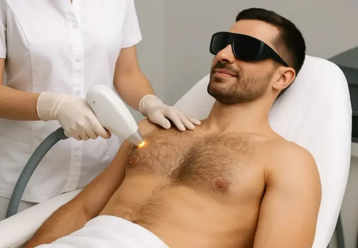 Mężczyzna w okularach ochronnych przechodzi zabieg depilacji laserowej klatki piersiowej. Specjalistka w rękawiczkach trzyma urządzenie emitujące światło.