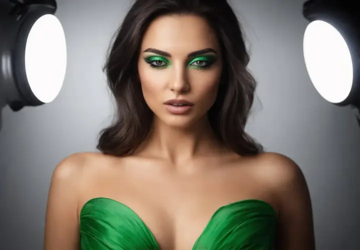 Olśniewający makijaż do zielonej sukienki, z intensywnym zielonym smoky eye i błyszczącymi akcentami.