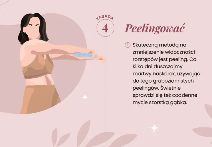 Kobieta wykonuje peeling, by zmniejszyć widoczność rozstępów początkowa faza.