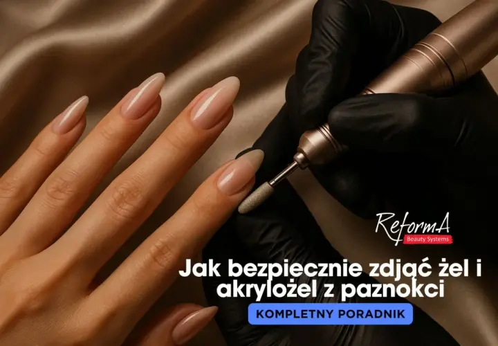 Dłoń z paznokciami żelowymi i frezarka. Dowiedz się, jak ściągnąć paznokcie żelowe bezpiecznie i skutecznie.
