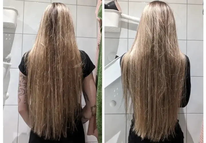 Przed i po olejowaniu włosów: porównanie długich, blond włosów. Włosy po zabiegu są gładsze i bardziej lśniące.