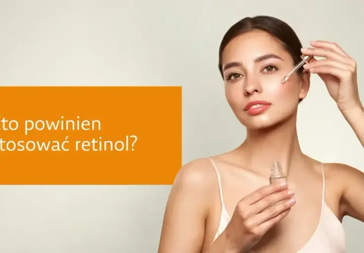 Młoda kobieta aplikuje serum z pipetką na twarz. Tekst: "Kto powinien stosować retinol?".