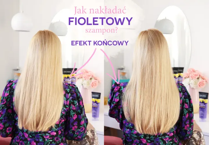 Fioletowy szampon: efekt przed i po. Blond włosy stają się jaśniejsze i bardziej lśniące po zastosowaniu.