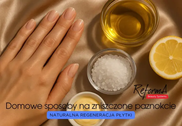 Dłoń z zadbanymi paznokciami obok miseczek z solą, olejkiem i cytryną. Domowe sposoby na zniszczone paznokcie – naturalna regeneracja płytki.