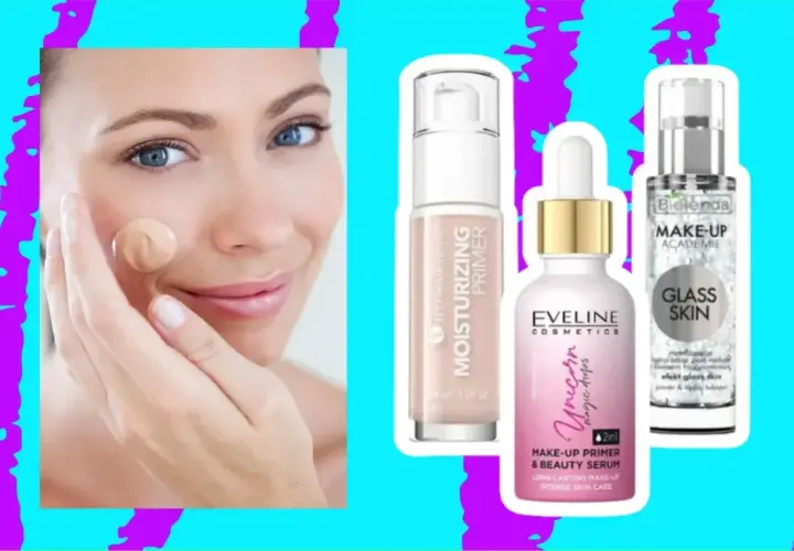 Kobieta testuje podkład, obok trzy produkty: jaka baza pod makijaż nawilżająca, serum Eveline i baza Bielenda.