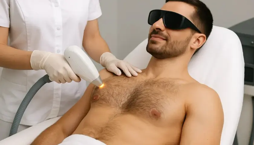 Mężczyzna w okularach ochronnych przechodzi zabieg depilacji laserowej klatki piersiowej. Specjalistka w rękawiczkach trzyma urządzenie emitujące światło.