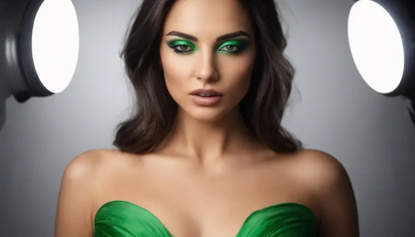 Olśniewający makijaż do zielonej sukienki, z intensywnym zielonym smoky eye i błyszczącymi akcentami.