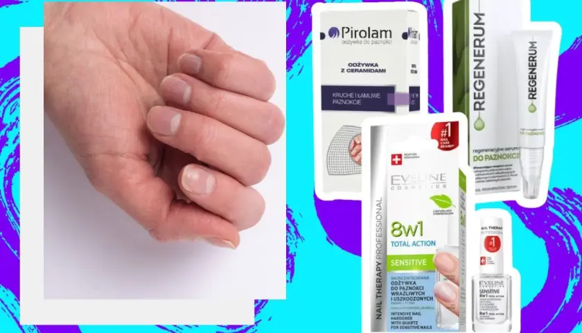 Dłoń z osłabionymi paznokciami obok produktów do ich regeneracji, w tym odżywki Eveline 8w1 i Regenerum.