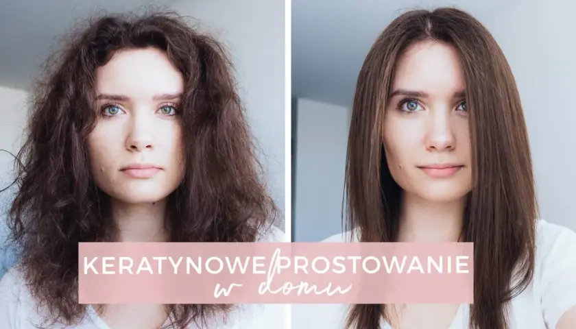 Przed i po zabiegu keratyna na włosy. Włosy zniszczone i puszące się po lewej, wygładzone i lśniące po prawej.