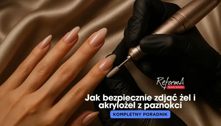 Dłoń z paznokciami żelowymi i frezarka. Dowiedz się, jak ściągnąć paznokcie żelowe bezpiecznie i skutecznie.