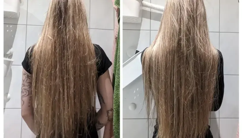 Przed i po olejowaniu włosów: porównanie długich, blond włosów. Włosy po zabiegu są gładsze i bardziej lśniące.