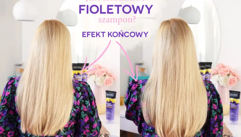Fioletowy szampon: efekt przed i po. Blond włosy stają się jaśniejsze i bardziej lśniące po zastosowaniu.
