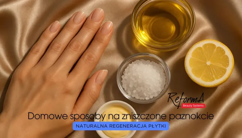 Dłoń z zadbanymi paznokciami obok miseczek z solą, olejkiem i cytryną. Domowe sposoby na zniszczone paznokcie – naturalna regeneracja płytki.
