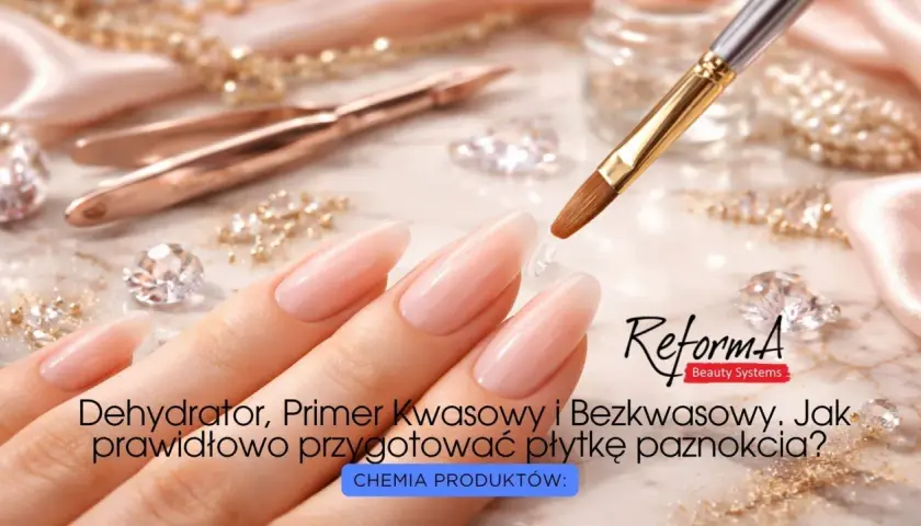 Dłoń z idealnymi paznokciami, pędzelek z żelem. Czy wybrać primer kwasowy czy bezkwasowy do perfekcyjnej płytki?