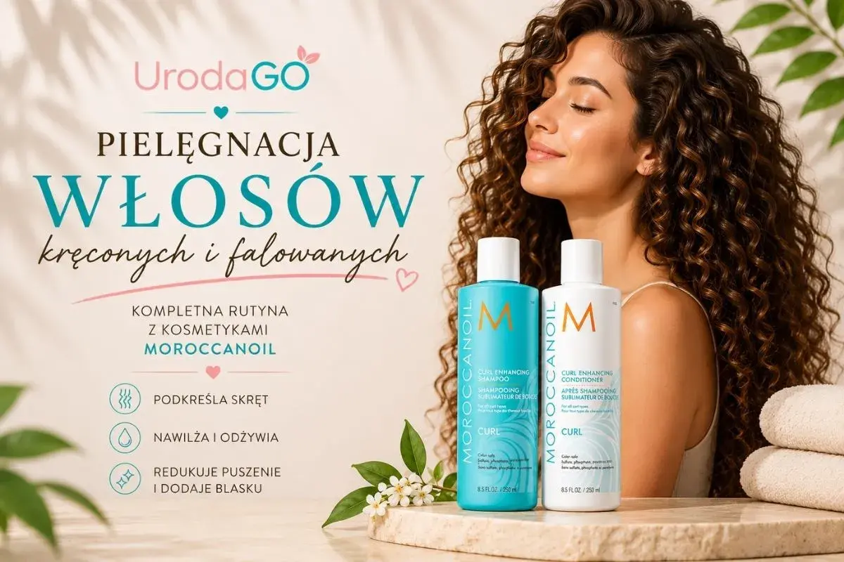 Kobieta z pięknymi, falowanymi włosami i kosmetykami Moroccanoil. Dowiedz się, jak dbać o falowane włosy, by podkreślić skręt i dodać blasku.