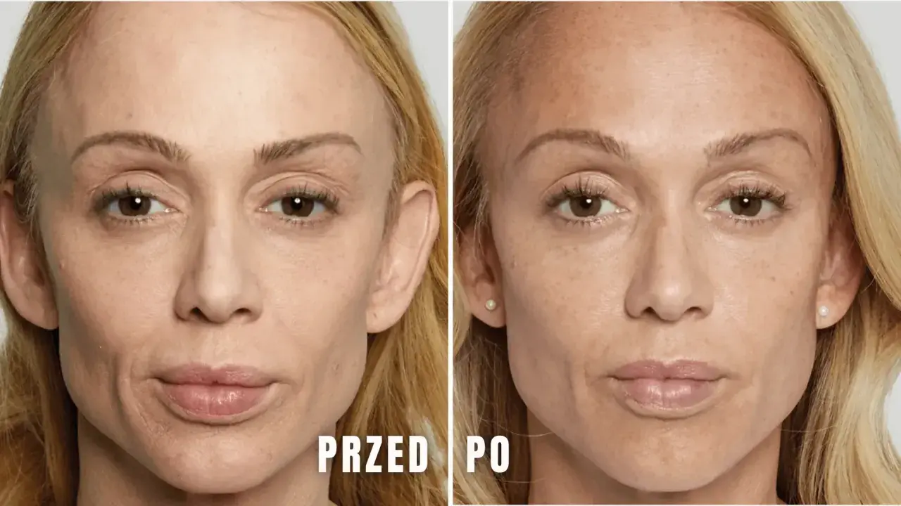Przed i po zabiegu z kwasami na twarz. Zauważalne zmiany w teksturze skóry, redukcja przebarwień i drobnych zmarszczek. Brak widocznych efektów ubocznych.