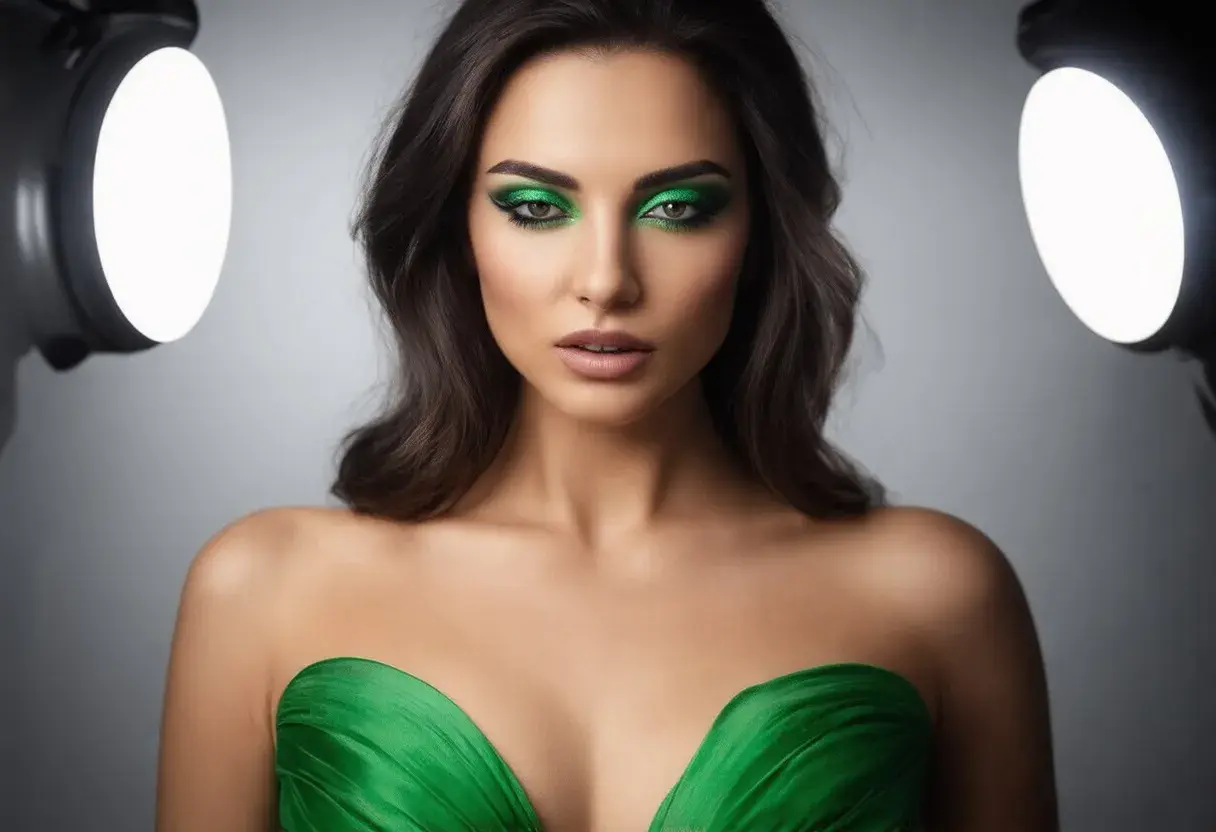 Olśniewający makijaż do zielonej sukienki, z intensywnym zielonym smoky eye i błyszczącymi akcentami.