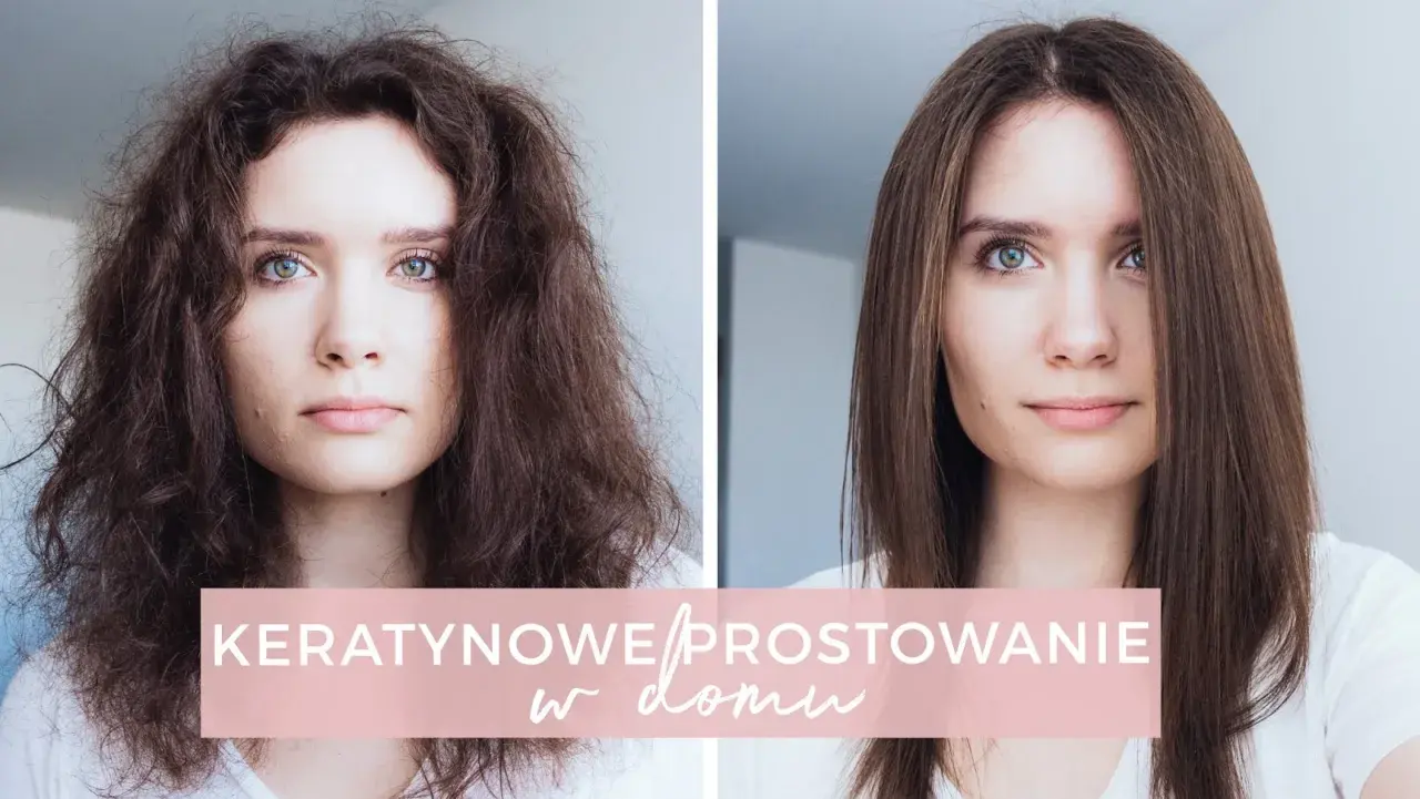 Przed i po zabiegu keratyna na włosy. Włosy zniszczone i puszące się po lewej, wygładzone i lśniące po prawej.