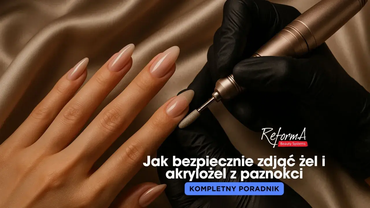 Dłoń z paznokciami żelowymi i frezarka. Dowiedz się, jak ściągnąć paznokcie żelowe bezpiecznie i skutecznie.