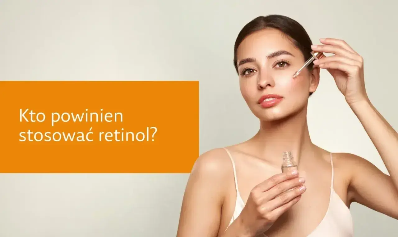 Młoda kobieta aplikuje serum z pipetką na twarz. Tekst: "Kto powinien stosować retinol?".