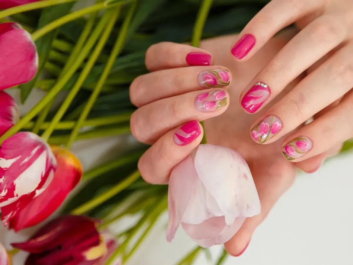 Dłonie z manicurem french zdobionym motywem tulipanów, otoczone bukietem różowych kwiatów.