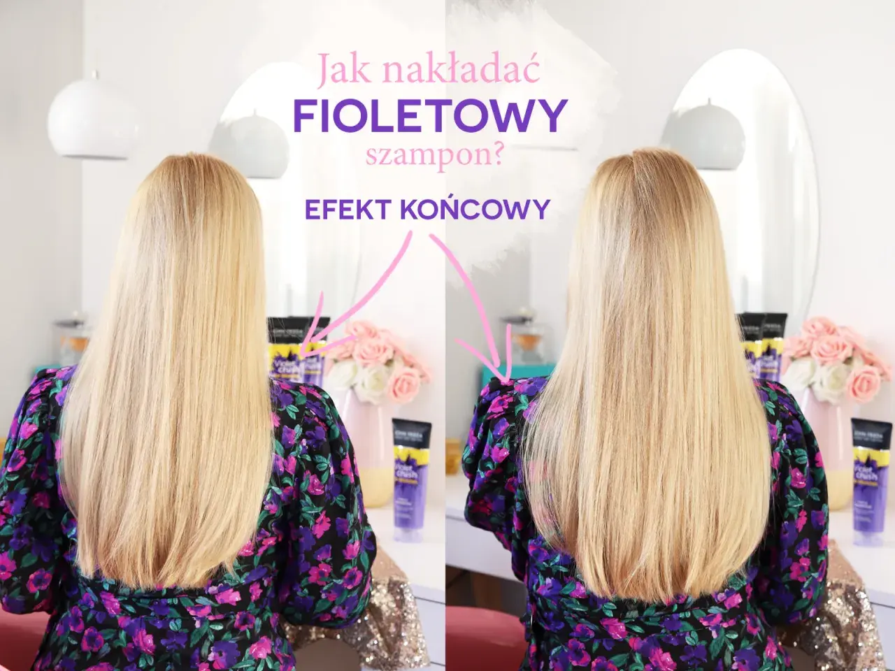 Fioletowy szampon: efekt przed i po. Blond włosy stają się jaśniejsze i bardziej lśniące po zastosowaniu.