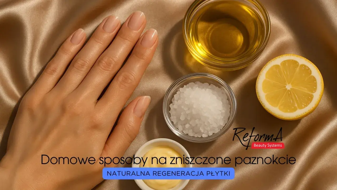 Dłoń z zadbanymi paznokciami obok miseczek z solą, olejkiem i cytryną. Domowe sposoby na zniszczone paznokcie – naturalna regeneracja płytki.