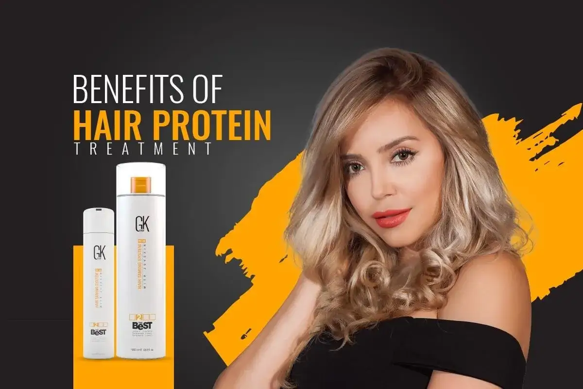 Kobieta z lśniącymi włosami obok produkt&oacute;w GK Hair. Odżywka proteinowa na jakie włosy? Dla zniszczonych i puszących się włos&oacute;w.