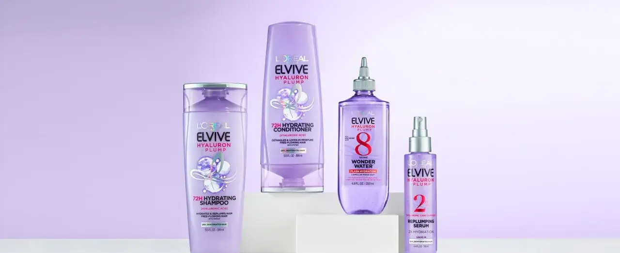 Linia L'Or&eacute;al Elvive Hyaluron Plump: szampon, odżywka, woda cud i serum z kwasem hialuronowym na włosy.