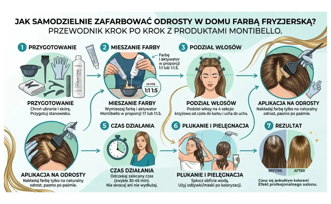 Ilustracja pokazuje, jak farbować odrosty na ciemnych włosach w domu, krok po kroku. Od przygotowania po aplikację i rezultat.