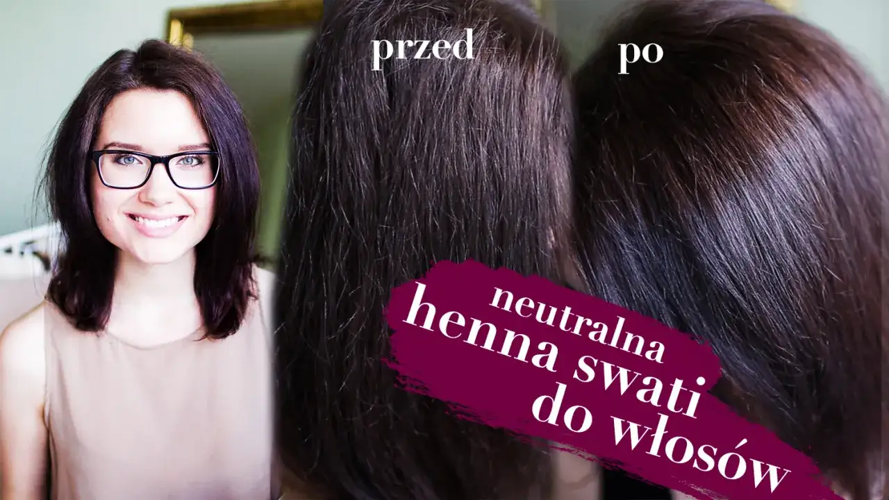 Uśmiechnięta kobieta w okularach prezentuje efekt farbowania włos&oacute;w henną. Włosy przed i po zabiegu.