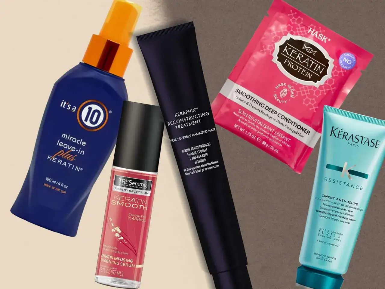 Produkty z keratyną na co dzień: odżywka, serum, spray i krem do włosów.