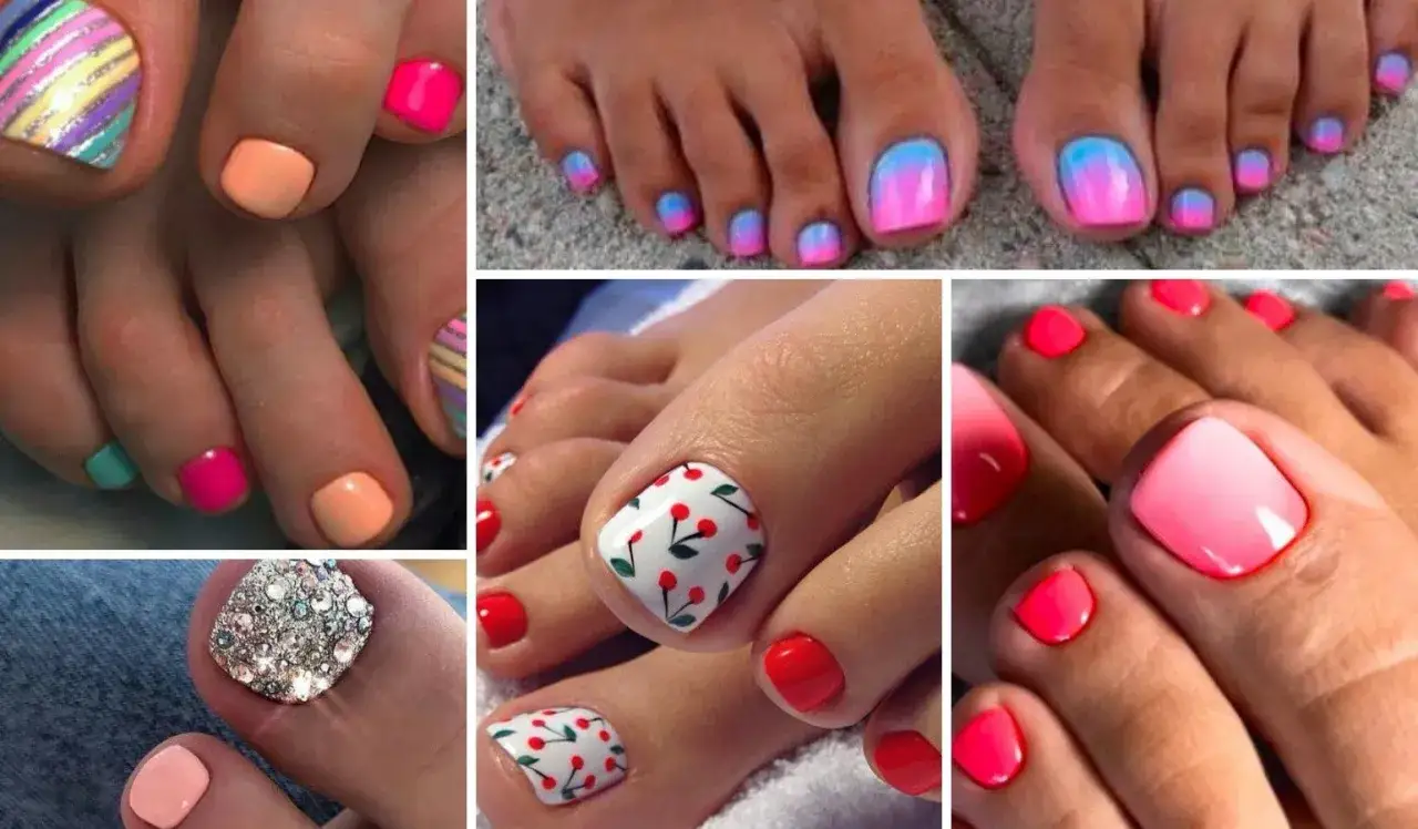 Letnie inspiracje na pedicure hybrydowy: od neonowych kolor&oacute;w po urocze wiśnie i błyszczące zdobienia.