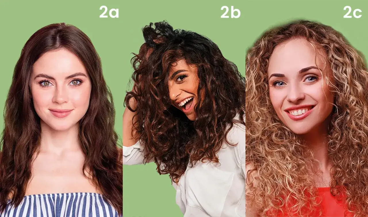 Trzy kobiety prezentują różne typy skrętu włosów: 2a - delikatne fale, 2b - sprężyste loki, 2c - mocne spirale.