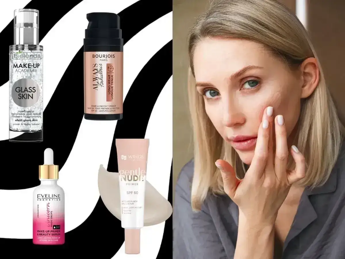Jaka baza pod makijaż sprawdzi się najlepiej? Na zdjęciu produkty Bielenda, Bourjois, Eveline i Wings oraz kobieta aplikująca kosmetyk na twarz.